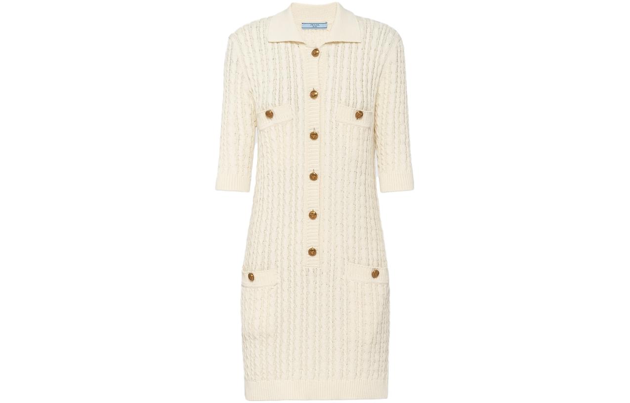 (Women) PRADA SS23 Ivory Knit Cotton Mini Short-Sleeve Dress for Women. 23959-1204-F0304-S-231
