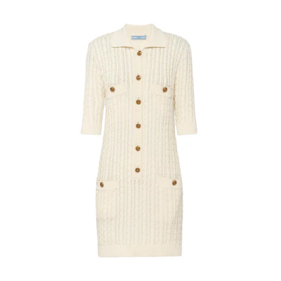 (Women) PRADA SS23 Ivory Knit Cotton Mini Short-Sleeve Dress for Women. 23959-1204-F0304-S-231