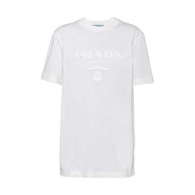(Women) PRADA SS23 Solid Embroidered Knit Short Sleeve T-Shirt White 35838R-124R-F0009-S-162
