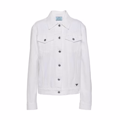 (Women) Prada SS23 White Denim Jacket with Collared Button-Up Design GFB29912PAF01CDS231