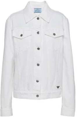 (Women) Prada SS23 White Denim Jacket with Collared Button-Up Design GFB29912PAF01CDS231 Order (Women) Prada SS23 White Denim Jacket with Collared Button-Up Design GFB29912PAF01CDS231