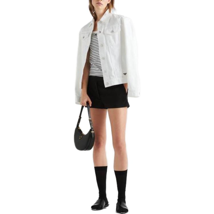 Lookbook (Women) Prada SS23 White Denim Jacket with Collared Button-Up Design GFB29912PAF01CDS231
