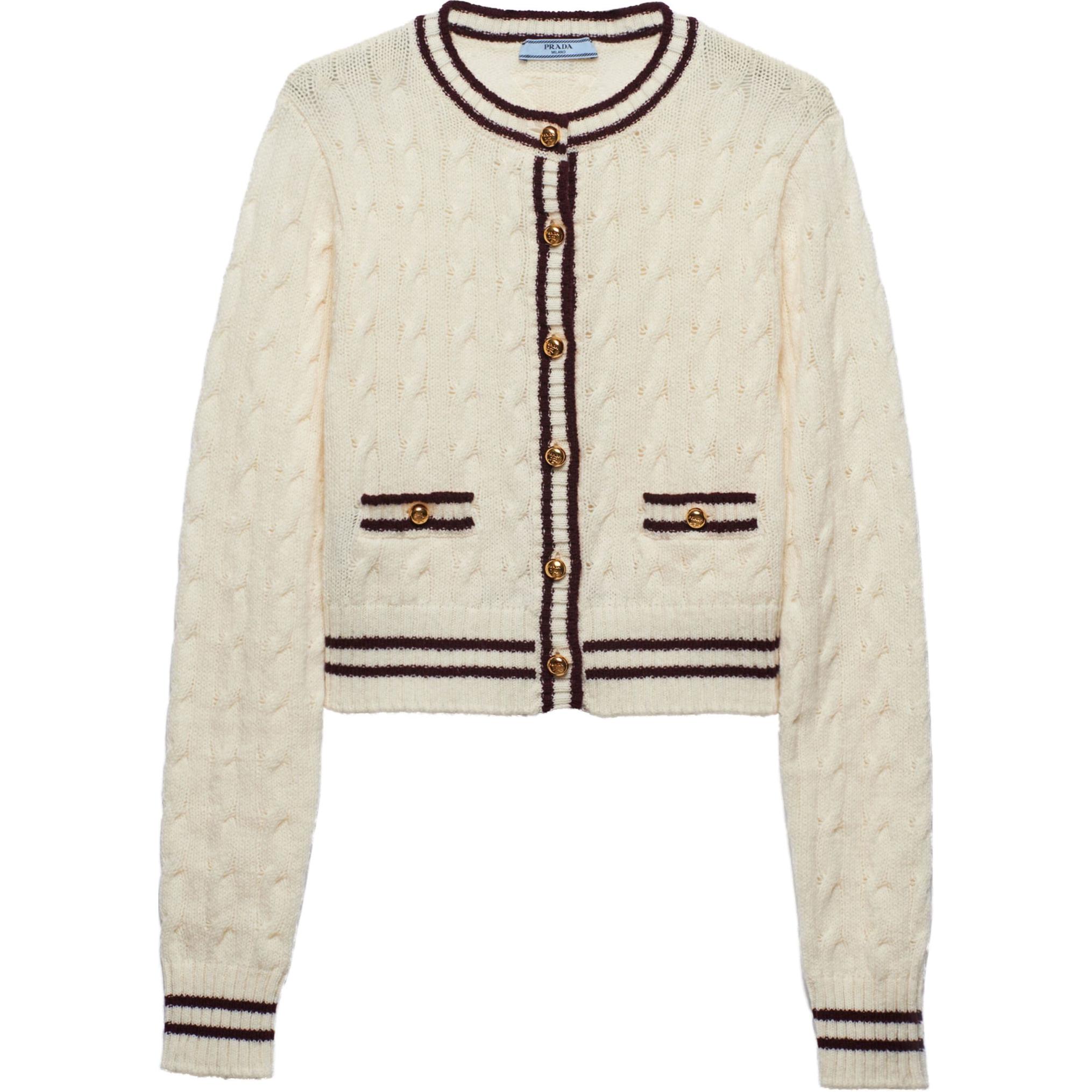 (Women) PRADA SS24  Button-Up Long Sleeve Knit Sweater Cream with Striped Trim. P25M86-15EK-F0VA5-S-OOO