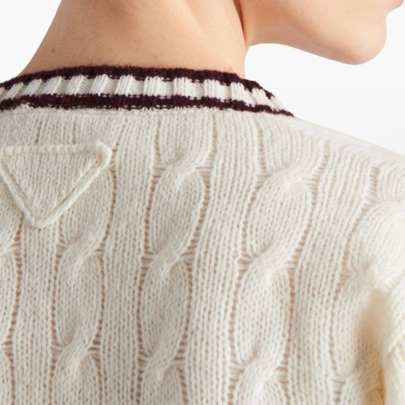 Details for (W) PRADA SS24 针织长袖纽扣毛衣 奶油色条纹边款式. P25M86-15EK-F0VA5-S-OOO