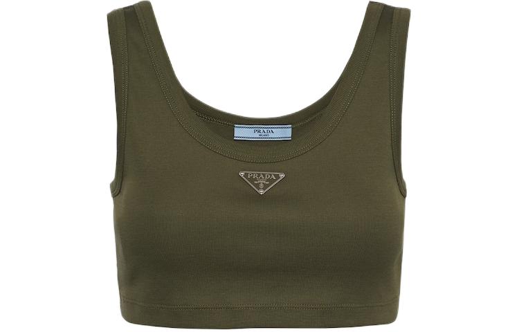 (Women) PRADA SS24  Camouflage Green Logo Ribbed Knit Cropped Tank Top 39576-14L0-F0334-S-OOO