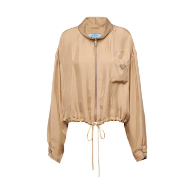 (Women) PRADA SS24 Casual Long-Sleeve Jacket with Logo Zipper in Khaki. P538OQ-14PE-F0065-S-OOO