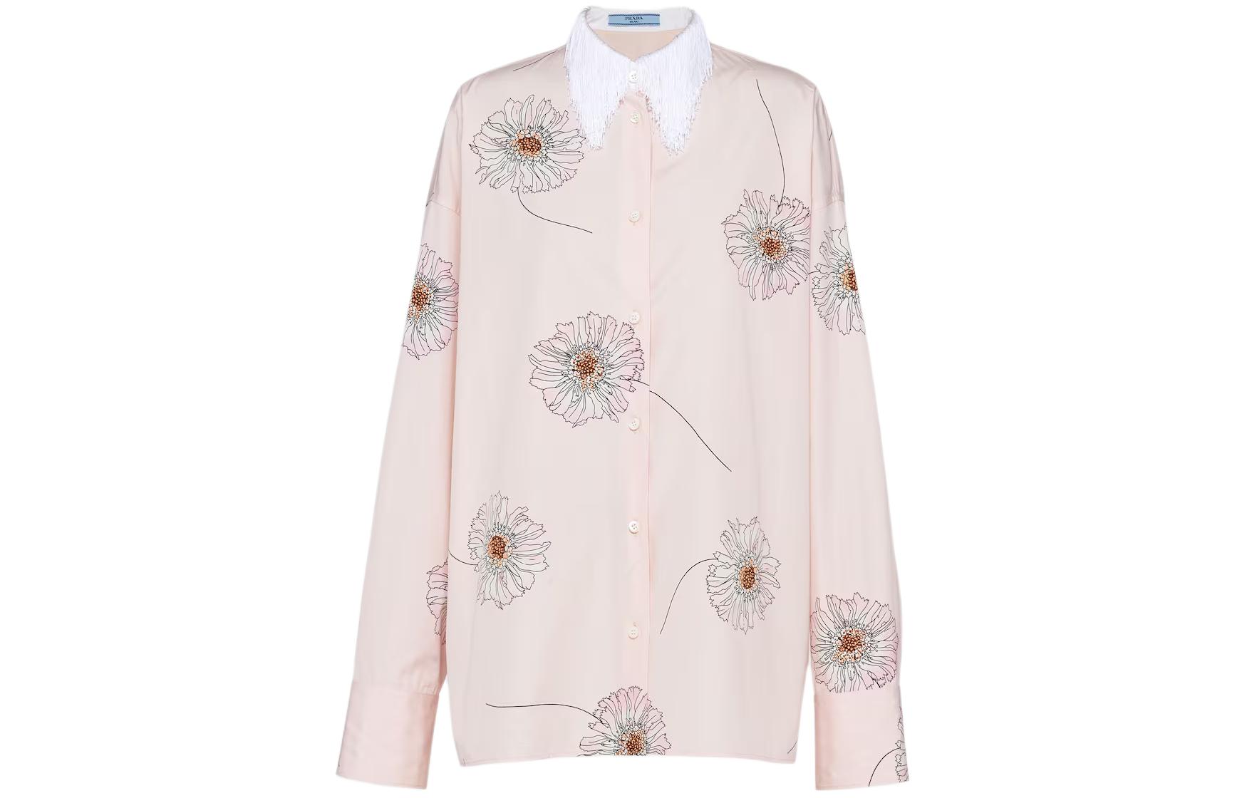 (Women) Prada SS24  Floral Print Fringe Long-Sleeve Shirt - Pink P419H-14YO-F0924-S-OOO