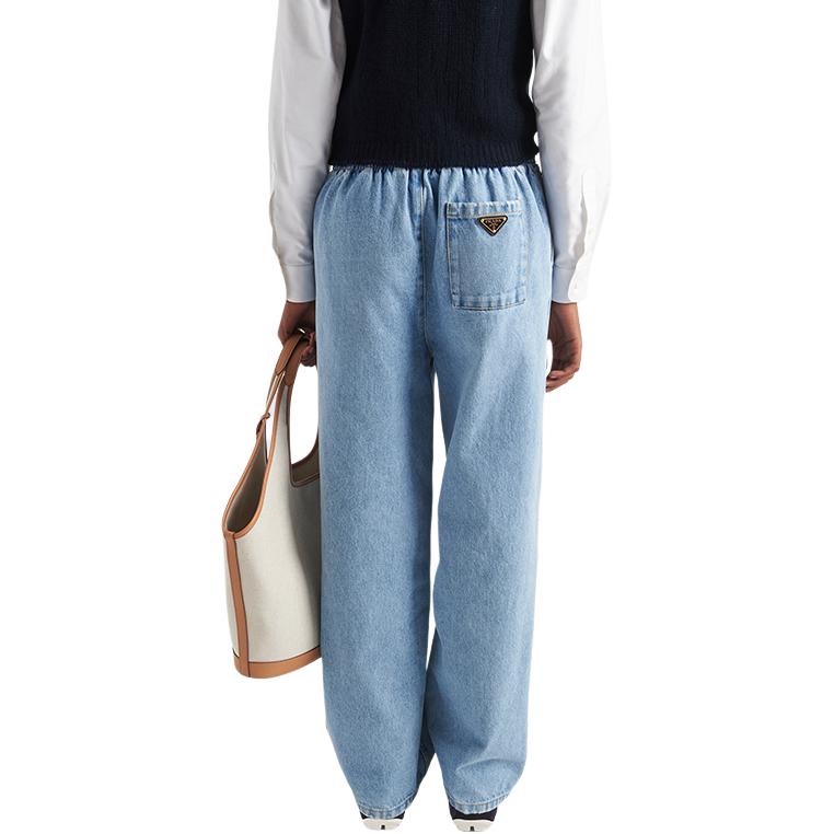 Shop (Women) PRADA SS24  Light Blue Straight-Leg Elastic Waist Jeans with Back Pocket. GFP509-14CC-F0BAU-S-OOO