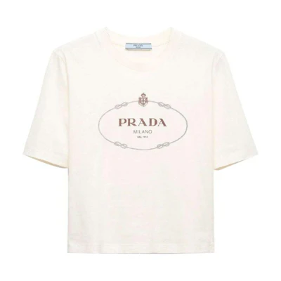 (Women) PRADA SS24 Printed Short Sleeve Logo Crewneck T-Shirt White 3549B-15D3-F0XPE-S-OOO