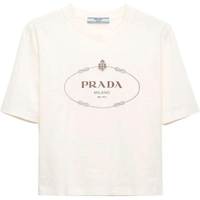 Order (W) PRADA SS24 Kaos Putih Logo Crewneck Lengan Pendek dengan Motif. 3549B-15D3-F0XPE-S-OOO