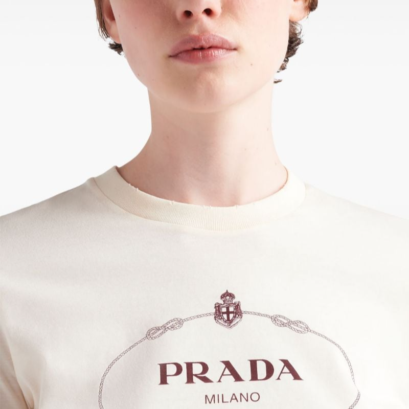 Details for (W) PRADA SS24 Kaos Putih Logo Crewneck Lengan Pendek dengan Motif. 3549B-15D3-F0XPE-S-OOO