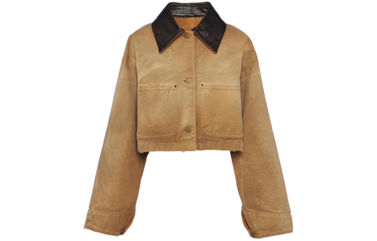 (Women) PRADA SS24  Short Canvas Jacket with Logo Patch in Light Brown. 292184-145O-F0QB9-S-OOO