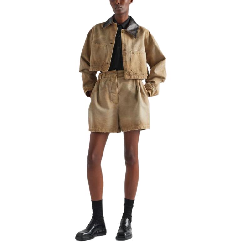 Lookbook (Women) PRADA SS24  Short Canvas Jacket with Logo Patch in Light Brown. 292184-145O-F0QB9-S-OOO