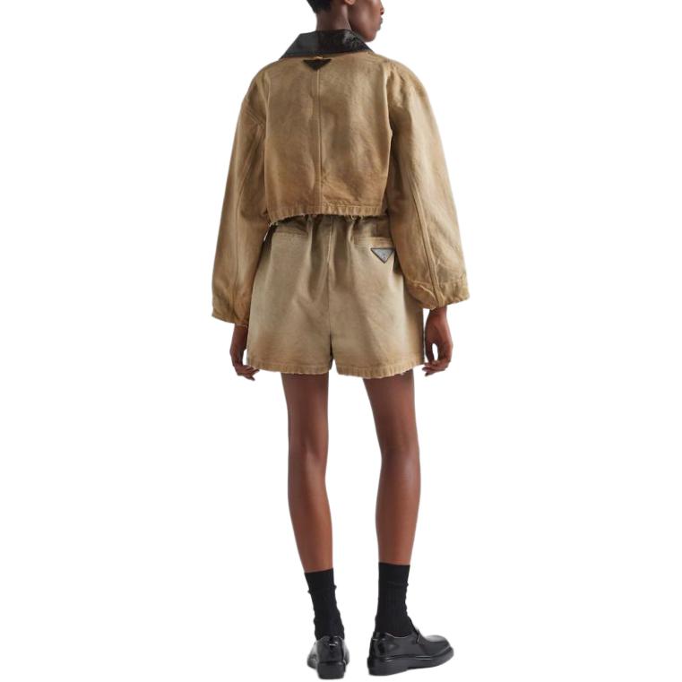 Shop (Women) PRADA SS24  Short Canvas Jacket with Logo Patch in Light Brown. 292184-145O-F0QB9-S-OOO