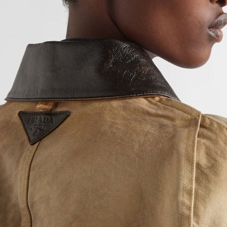 Purchase (Women) PRADA SS24  Short Canvas Jacket with Logo Patch in Light Brown. 292184-145O-F0QB9-S-OOO