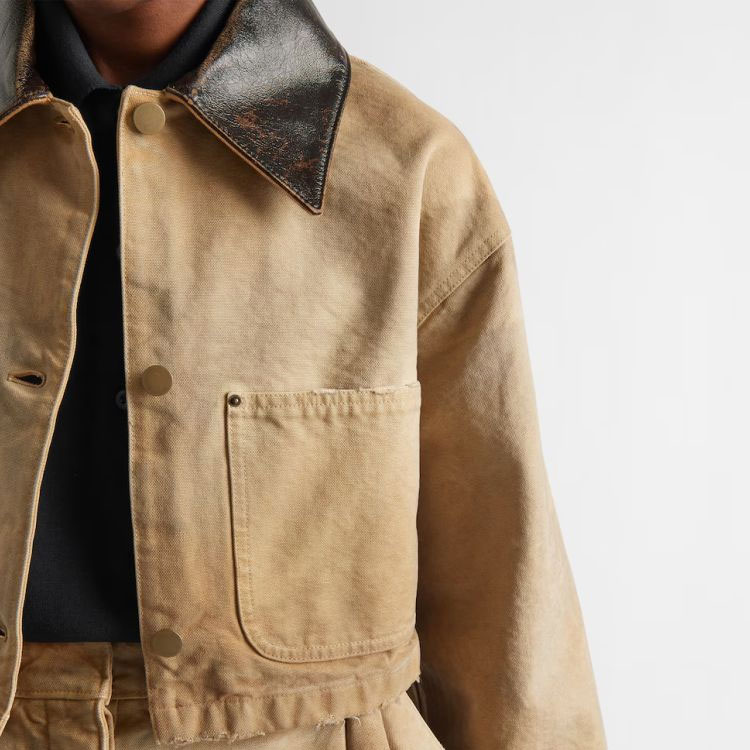 Details for (Women) PRADA SS24  Short Canvas Jacket with Logo Patch in Light Brown. 292184-145O-F0QB9-S-OOO