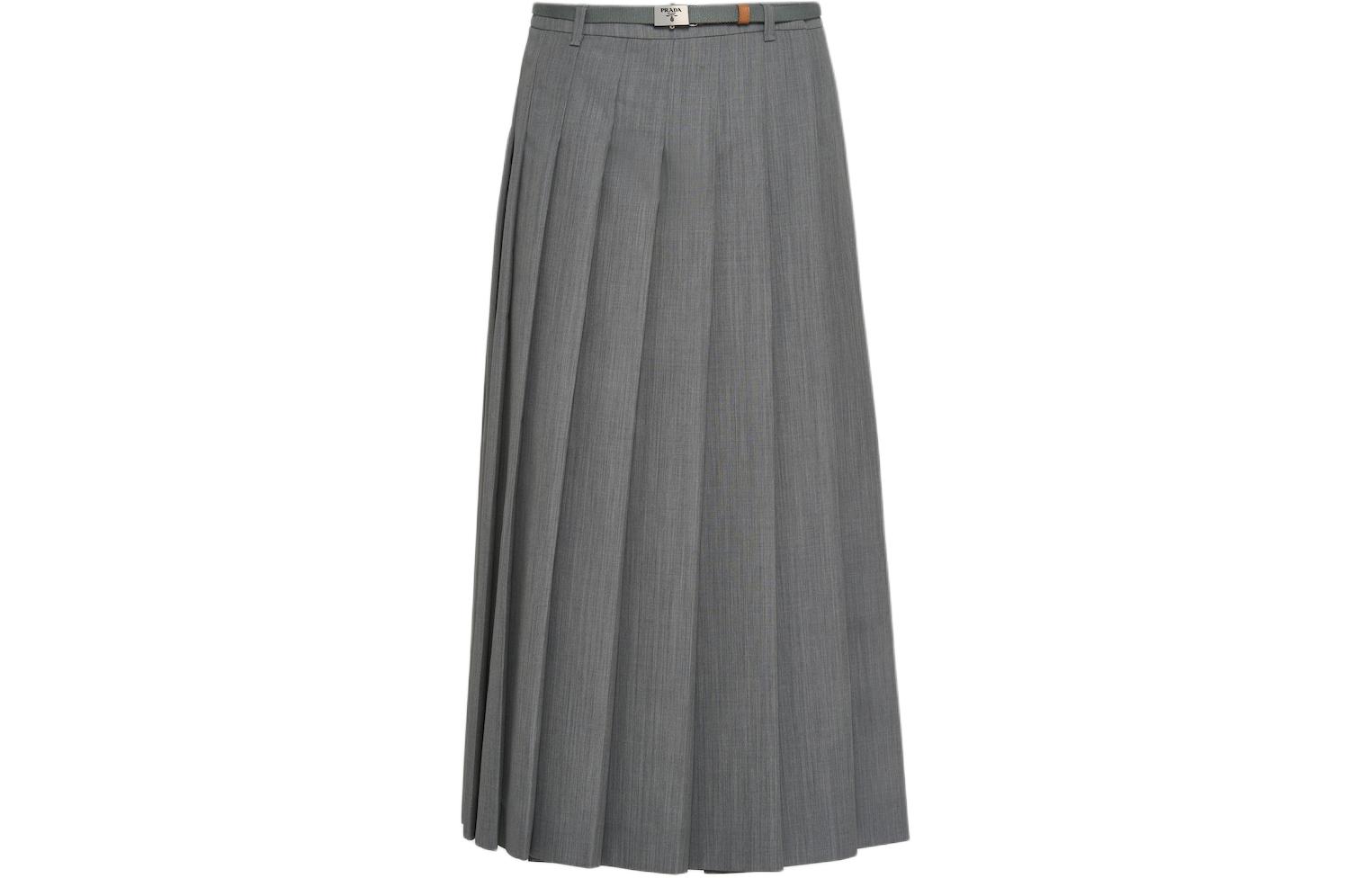 (Women) PRADA SS24  Solid Wrap Pleated Casual Maxi Skirt Granite Gray P129JH-13NH-F073X-S-OOO