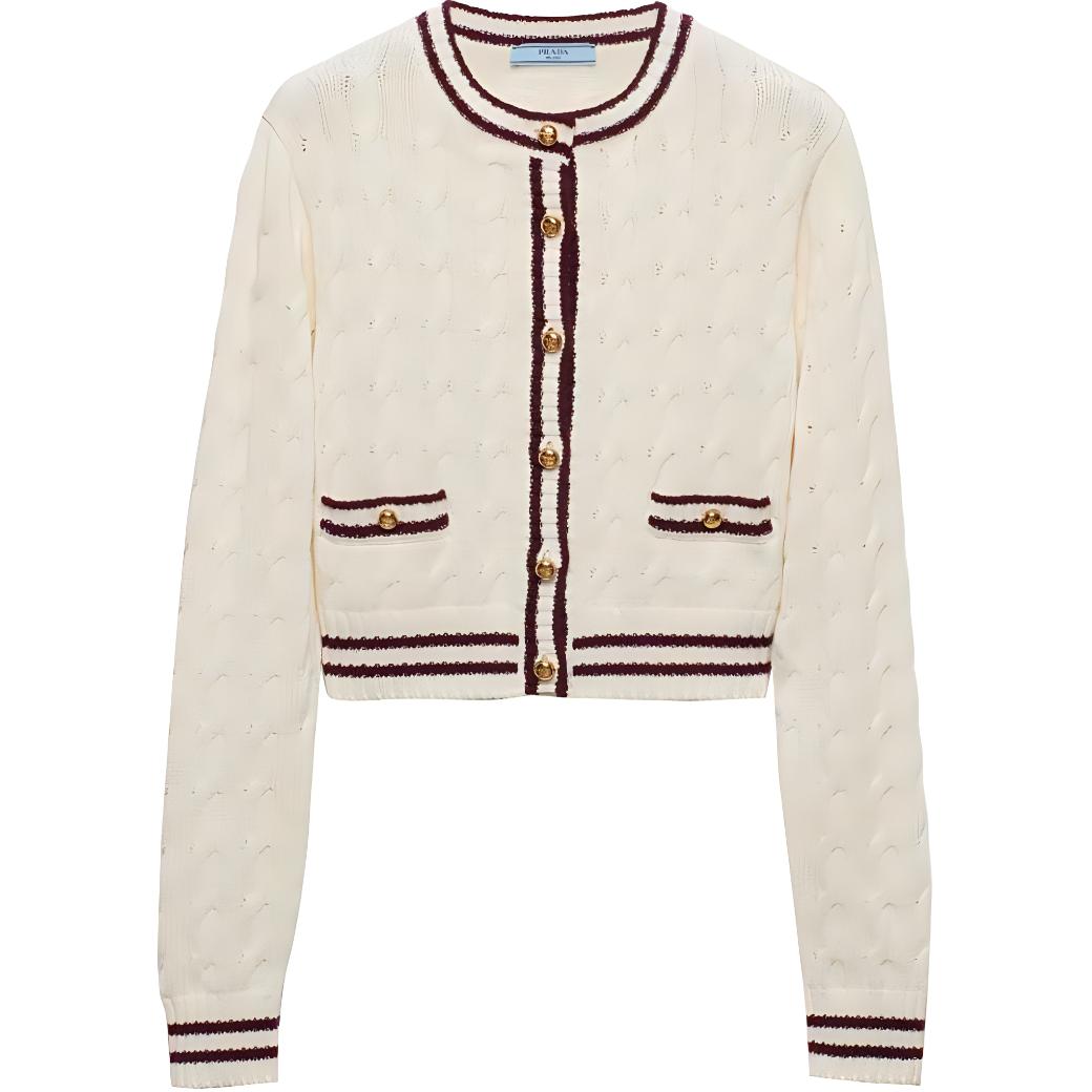 (Women) PRADA SS24  Striped Cable Knit Button-Up Sweater Cream White P25N03-15NX-F0VA5-S-OOO