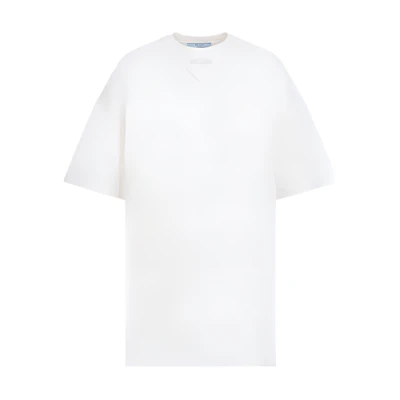 (Women) PRADA SS24 White Logo Crew Neck Short Sleeve T-Shirt. 3558A-12ZB-F0018