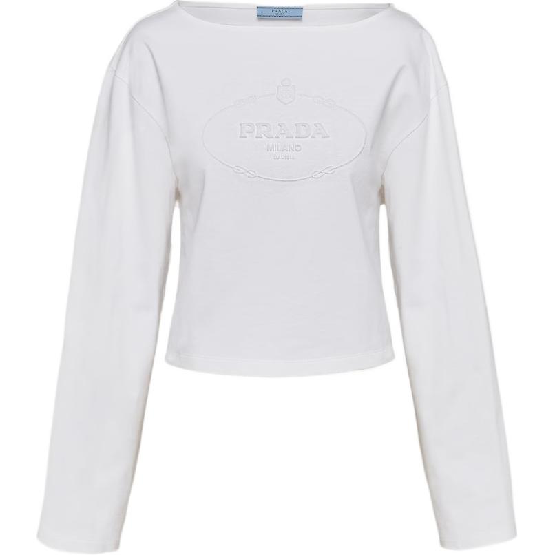 (Women) PRADA SS24  White Long Sleeve T-Shirt with Logo Print. 34658-14LQ-F0009-S-OOO