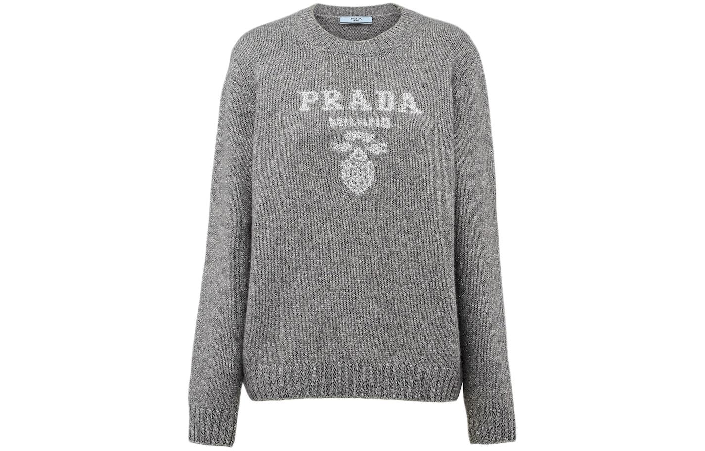 (Women) PRADA SS24  Wool Cashmere Lamé Crew-Neck Sweater Gray Long Sleeve. P24B2Q-134M-F0D1P-S-OOO