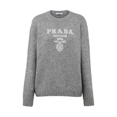 (Women) PRADA SS24 Wool Cashmere Lamé Crew-Neck Sweater Gray Long Sleeve. P24B2Q-134M-F0D1P-S-OOO