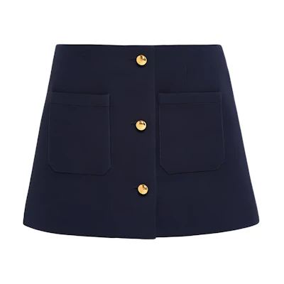 (Women) PRADA SS24 Navy Blue Solid Short Casual Skirt with Single Button for Women. P128J-1EVU-F0008-S-OOO