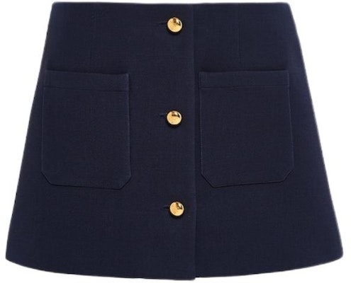 (W) Falda Corta Casual Azul Marino PRADA SS24 con Botón Único para Mujer. P128J-1EVU-F0008-S-OOO Order (W) Falda Corta Casual Azul Marino PRADA SS24 con Botón Único para Mujer. P128J-1EVU-F0008-S-OOO
