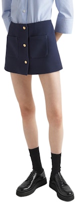 (W) Falda Corta Casual Azul Marino PRADA SS24 con Botón Único para Mujer. P128J-1EVU-F0008-S-OOO Purchase (W) Falda Corta Casual Azul Marino PRADA SS24 con Botón Único para Mujer. P128J-1EVU-F0008-S-OOO