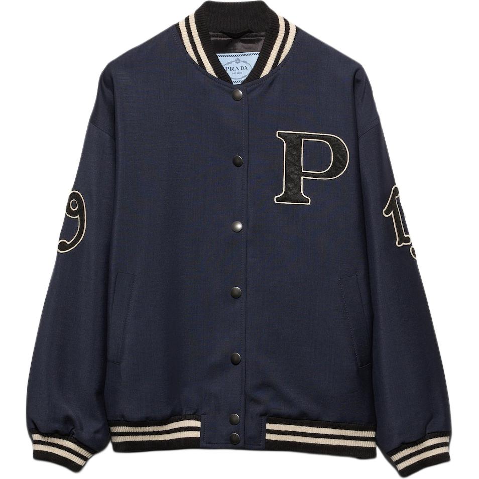 (Women) Prada SS24 Navy Blue Striped Baseball Collar Jacket with Letter Patch P521PR-12I1-F0124-S-OOO