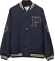 (Women) Prada SS24 Navy Blue Striped Baseball Collar Jacket with Letter Patch P521PR-12I1-F0124-S-OOO (Women) Prada SS24 Navy Blue Striped Baseball Collar Jacket with Letter Patch P521PR-12I1-F0124-S-OOO
