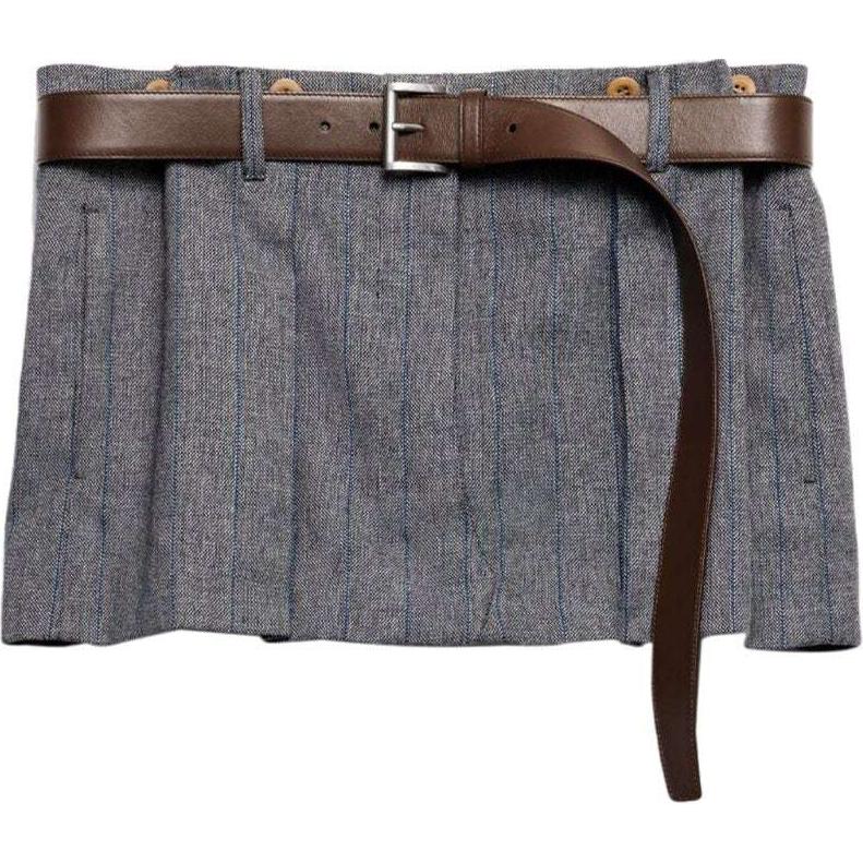 (Women) PRADA SS24 Striped Pleated Button Detail Casual Skirt Women Grey. P146KK-15DK-F0308-S-OOO