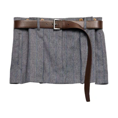(Women) PRADA SS24 Striped Pleated Button Detail Casual Skirt Women Grey. P146KK-15DK-F0308-S-OOO