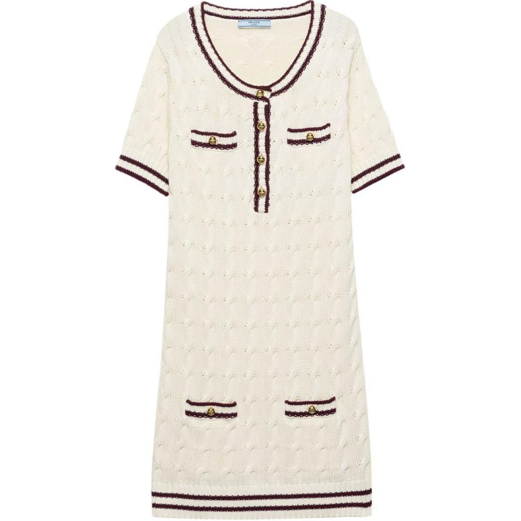 (Women) PRADA SS24 Striped Trim Short Sleeve Crop Dress Women - White 23A06-15NX