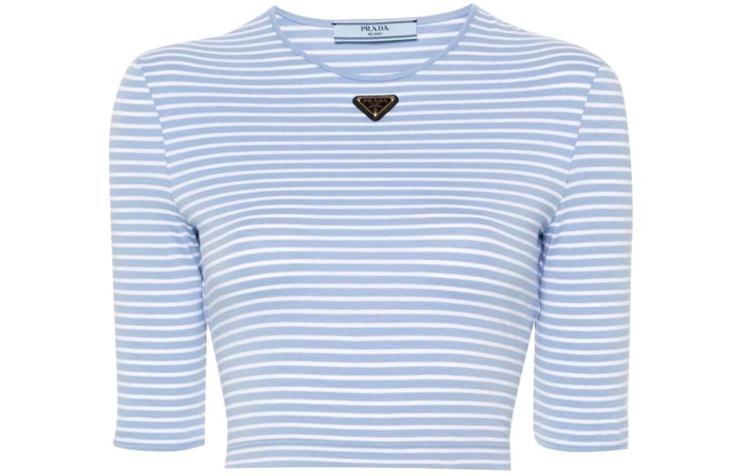 (Women) PRADA Striped Crewneck Casual Crop Pullover Long Sleeve Tee SS24 39578-14O3-F0D9K-S-OOO