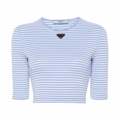 (Women) PRADA Striped Crewneck Casual Crop Pullover Long Sleeve Tee SS24 39578-14O3-F0D9K-S-OOO