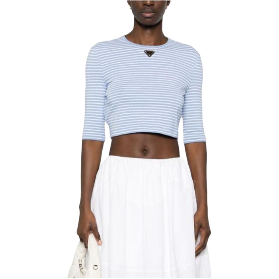 Lookbook (W) PRADA Baju Pullover Crewneck Berjalur Kasual Lengan Panjang Wanita SS24 39578-14O3-F0D9K-S-OOO