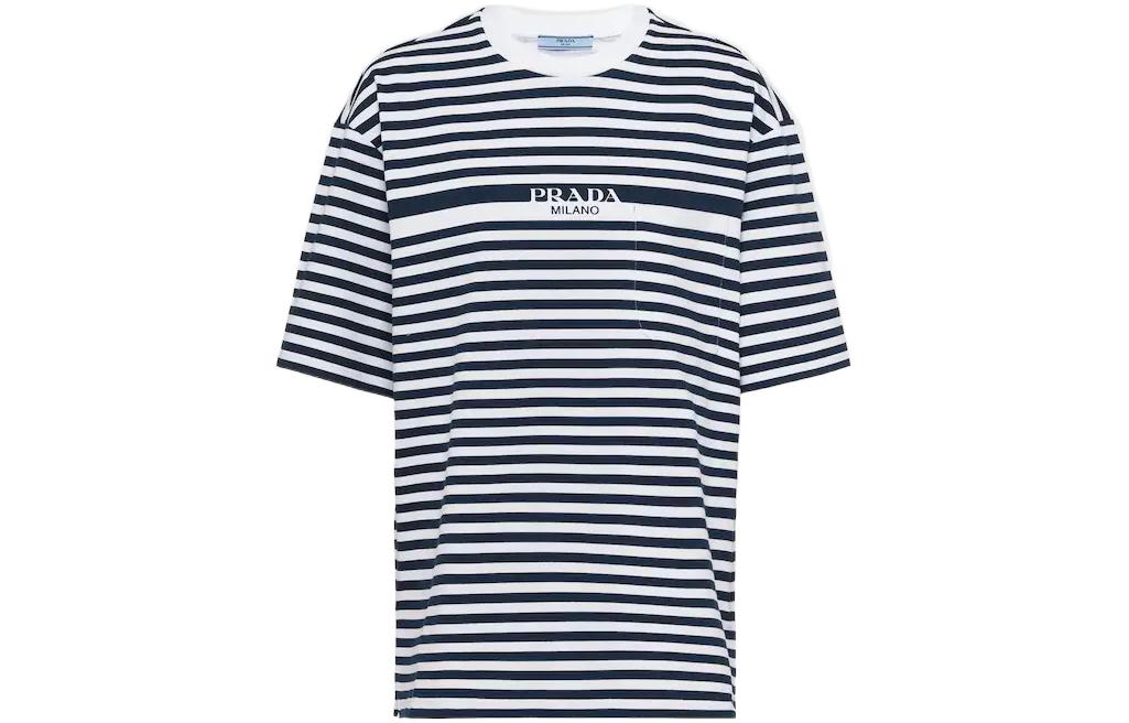 (Women) PRADA Striped Logo Print Crewneck T-Shirt SS23  Blue White 3515B-12T2-F022X-S-231