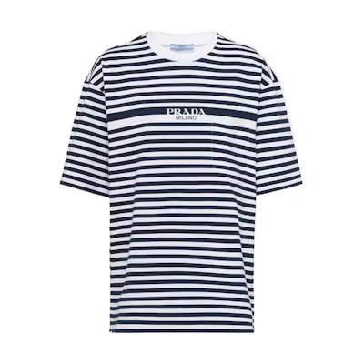 (Women) PRADA Striped Logo Print Crewneck T-Shirt SS23 Blue White 3515B-12T2-F022X-S-231