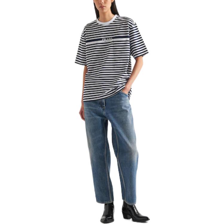 (Women) PRADA Striped Logo Print Crewneck T-Shirt SS23  Blue White 3515B-12T2-F022X-S-231 圖 3