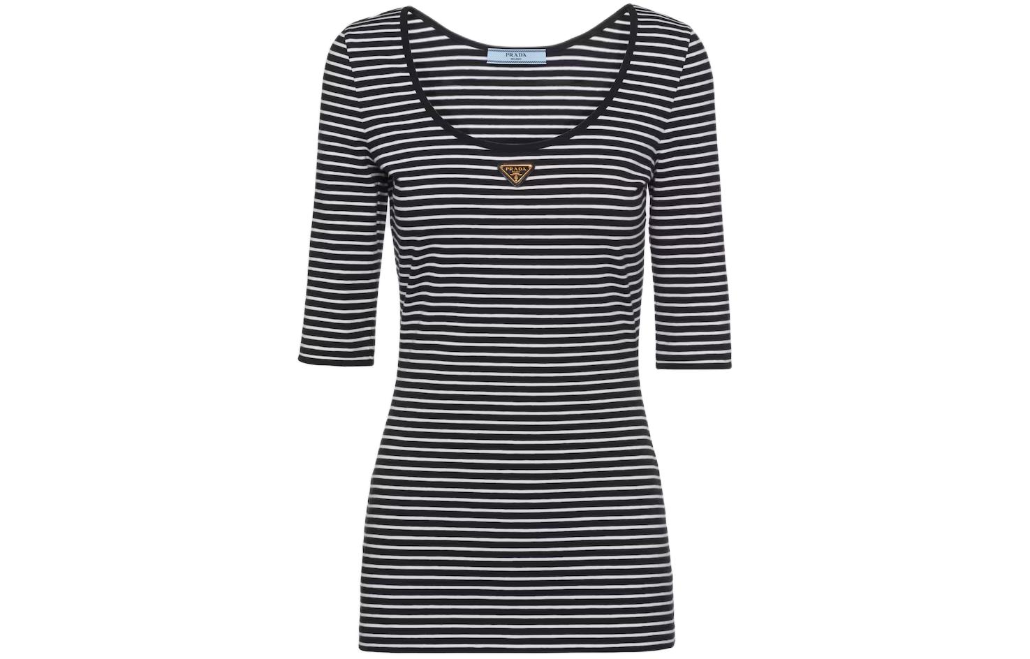 (Women) PRADA Striped Print Slim Fit 3/4 Sleeve T-Shirt Women Black 39577-14O3-F0967-S-OOO