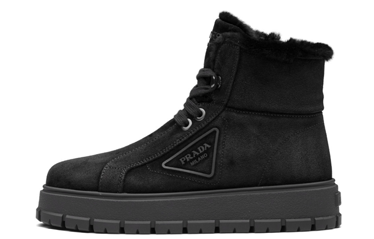(W) Prada Suede Fashion Versatile Lace-Up Ankle Boots 'Black Lined'