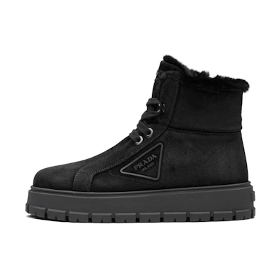 (W) Prada Suede Fashion Versatile Lace-Up Ankle Boots 'Black Lined'
