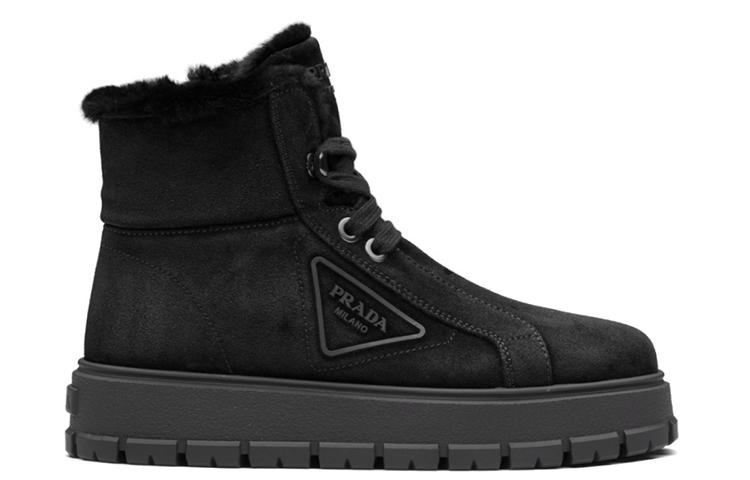(W) Prada Suede Fashion Versatile Lace-Up Ankle Boots 'Black Lined' 圖 2