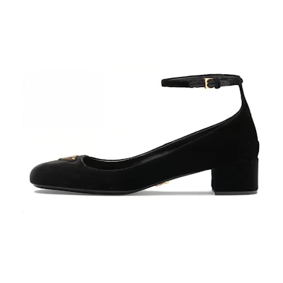 (W) Prada Velvet Round Toe Buckle Chunky High Heels 'Black'