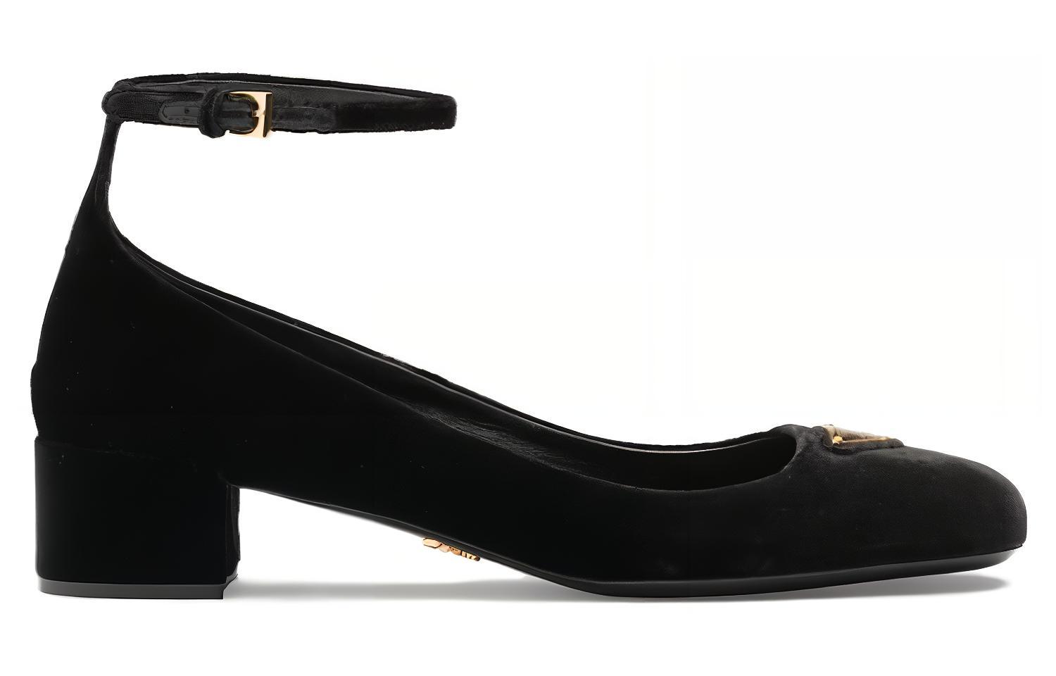 (W) Prada Velvet Round Toe Buckle Chunky High Heels 'Black' 圖 2