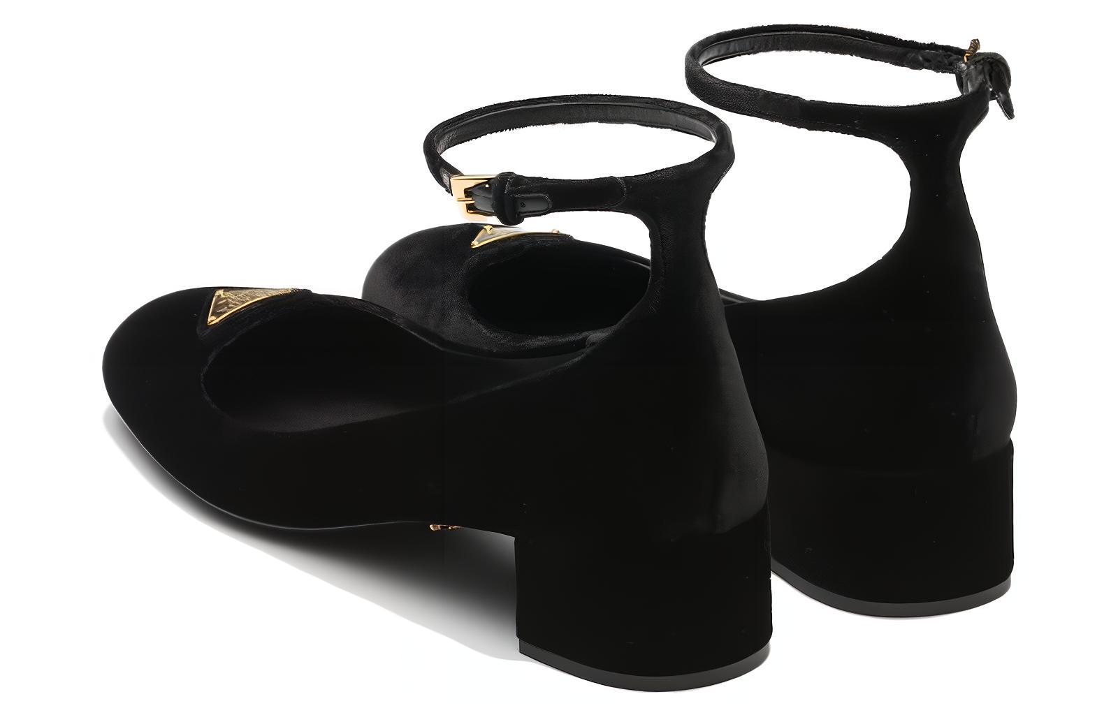 (W) Prada Velvet Round Toe Buckle Chunky High Heels 'Black' 圖 4