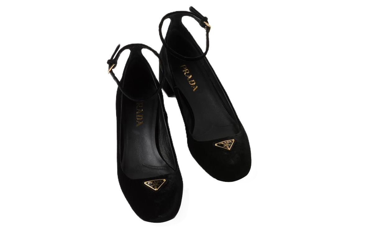 (W) Prada Velvet Round Toe Buckle Chunky High Heels 'Black' 圖 5