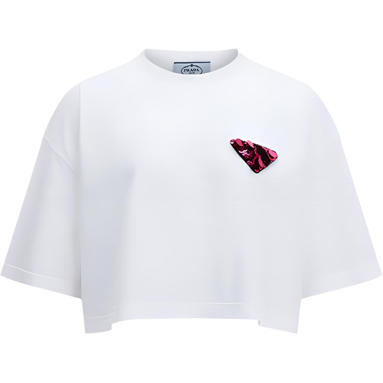 (Women) PRADA White Sequin Embellished Cropped Knit Short Sleeve Top 3560AR-1ZVO-F0JUJ-S-212