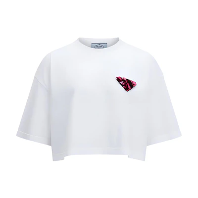 (Women) PRADA White Sequin Embellished Cropped Knit Short Sleeve Top 3560AR-1ZVO-F0JUJ-S-212